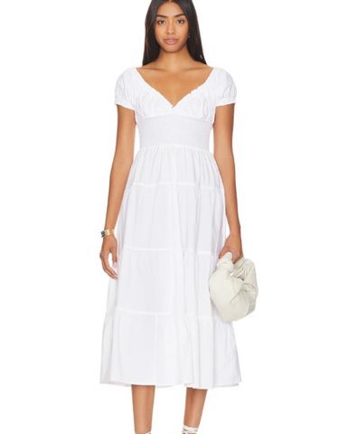 【関税込み】Sandy Liang オフホワイト Pilton ミディアムドレス Sandy Liang: Off-White Pilton Midi Dress | SSENSE