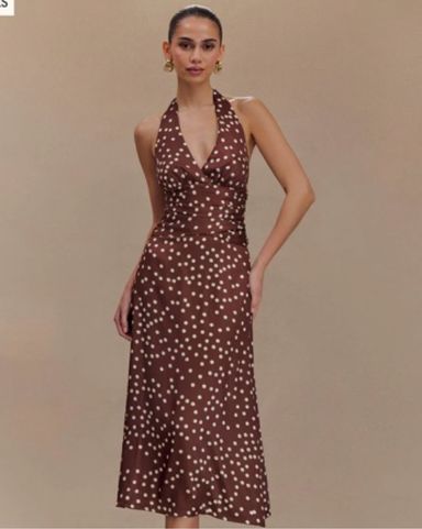 ◆Loulouseoul◆ Cherry Dot Frill Dress Brown Nevali Bandeau Ruffle Detail Maxi Dress in Brown | Oh Polly