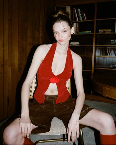 トップス miumiu corset camisole red MIU MIU 2000's Red Corset-Style Cotton Top (S-M) - Emerieu