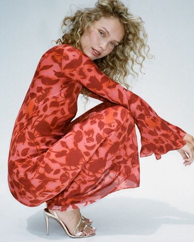 The Gia Havana | Long Sleeve Red Floral Silk Maxi Dress