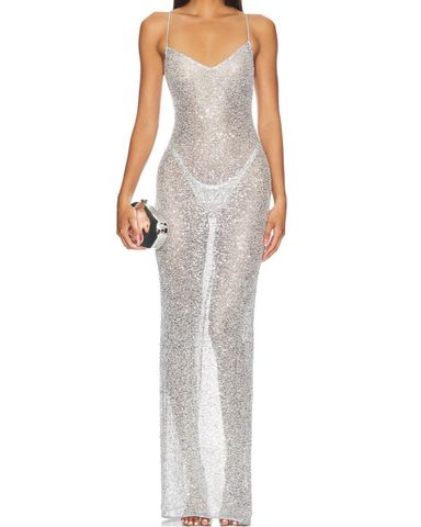 パーティードレス Ruched Silver Sequined Gown Sequin Evening Dresses | La Femme