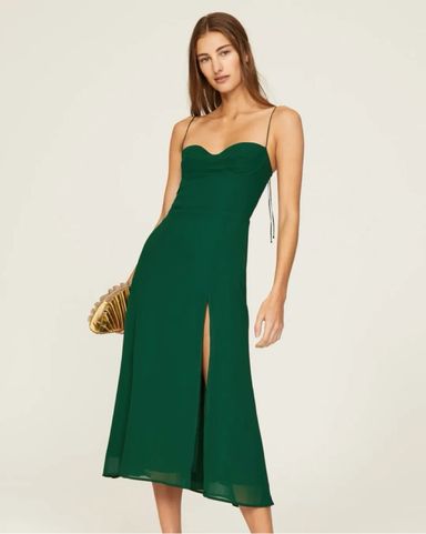 reformation lee dress グリーン パフスリーブ ミディドレス Reformation Lissa Dress - Forest Green | Pickle