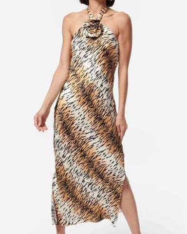 【Massimo Dutti】Ramie blend long print dress MASSIMO DUTTI Long Ramie Blend Animal Print Dress in Natural