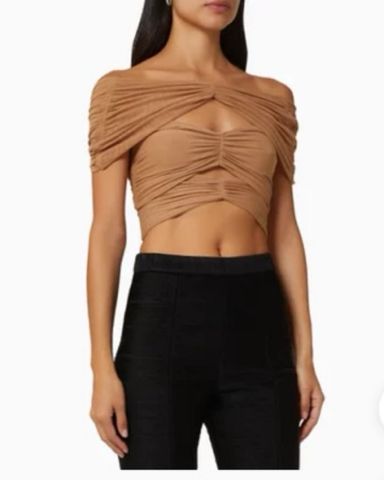 ELVIRA- Brown asymmetric sleeve, soft-neck cupro top