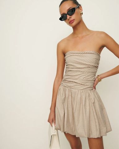 ワンピース Becky check mini dress brown Brown Gingham Shirred Martha Mini Dress