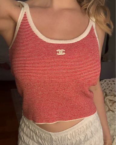 Red Vintage CHANEL 赤 リブ編み タンクトップ CHANEL Vintage See-through CC Logo Rib Knit Tank Top #36 Red