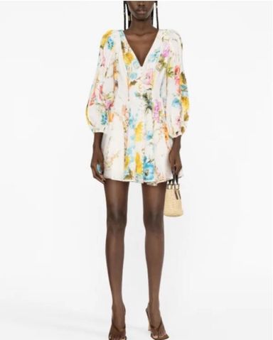 【Zimmermann】Devi フローラルプリント ギャザードレス NWT $895 Zimmermann Devi Plunge V Neck Red Floral Linen Mini