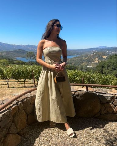 Nicholas Beige Drop Waist Midi Dress | Pickle