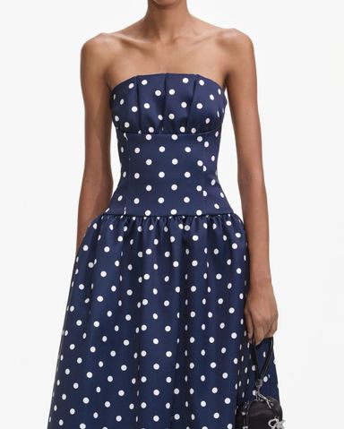 ワンピース Self Portrait Satin Dotted Midi Dress Self Portrait Navy Polka Dot Satin Midi Dress | Shopbop