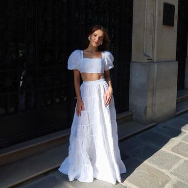【海外限定】Sandroコットンスカート☆Tie-Waist Lace-Trim Cott Lace skirt finished with braid trim | Sandro | Sandro Secondhand