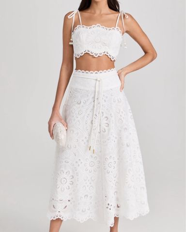 最終SALE☆超レア★即納【Anthro】Delony Lace Skirt size:US2 Metallic Foil Lace Mermaid with Cropped Popover