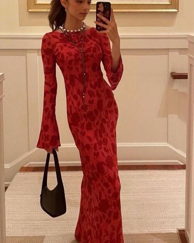 The Gia Havana | Long Sleeve Red Floral Silk Maxi Dress