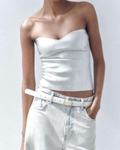 Zara Silver Metallic Knit Bustier Top | Pickle