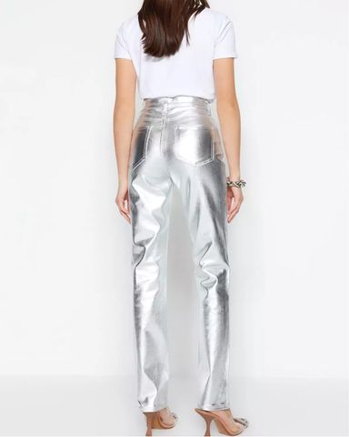 lig. eco leather pants / silver 美品 Metallic Faux Leather Wide Leg Pants | Karen Millen