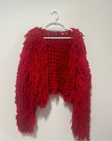 Red Shaggy Tassel Cardigan | Pickle